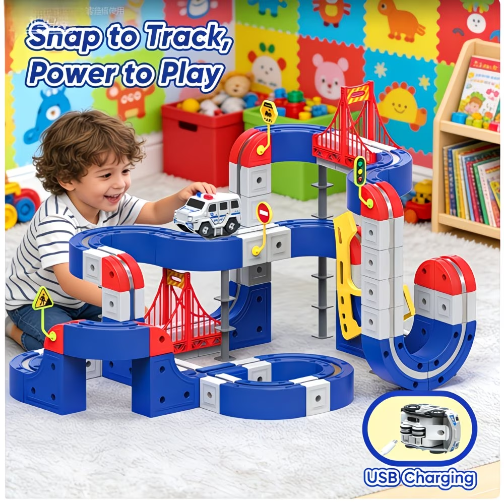 Electric train set with 3D transformable track, including a complete car.